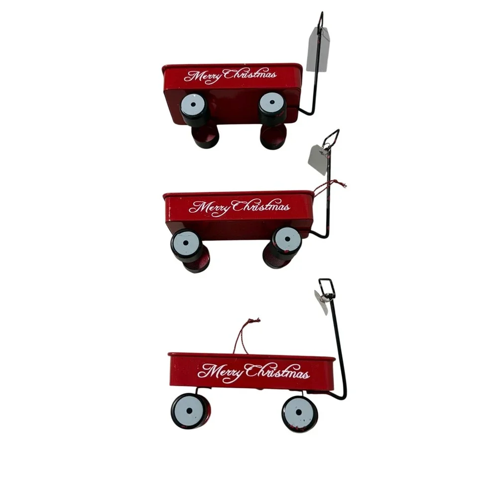 Set of 3 Miniature Red Metal‎ Merry Christmas Wagons Holiday Decor Ornaments
